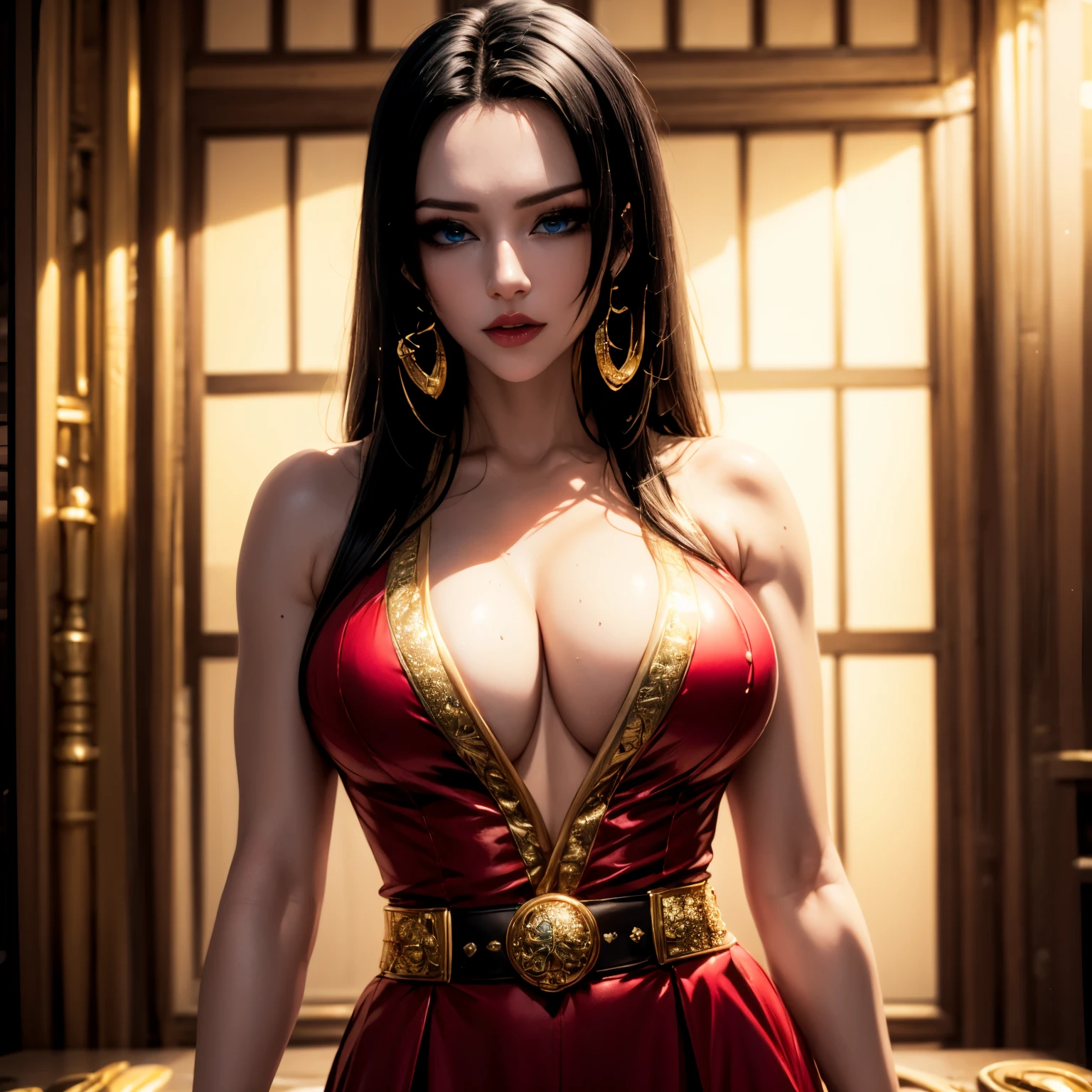 Boa Hancock , bare shoulders, red dress, red skirt, jewelry, insanely detailed and intricate, High quality, high coherence, anatomically correct, blue eyes, looking at the camera, hypermaximalist, sensual, beautiful, super detailed