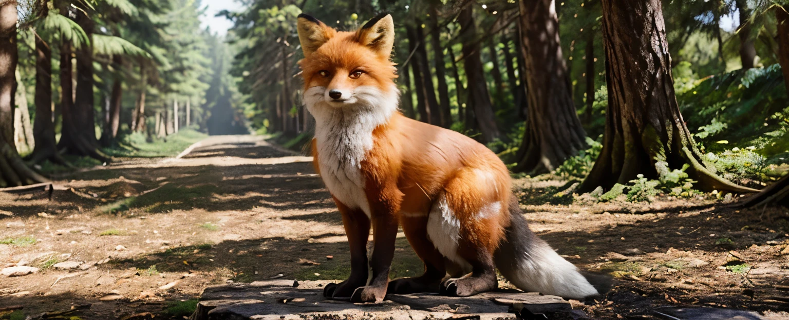 ((antropomorfic fox with realistic fur)), ((male)), Fox face, arms covered with realistic fur, wearing glasses, wearing white shirt, black pants, sunny day, forest background, ((huevos de pascua por todas partes)), standing on tree stump.

(Mejor calidad, realista, ultra detallado), zorro, happy expression, anthropomorphic fox