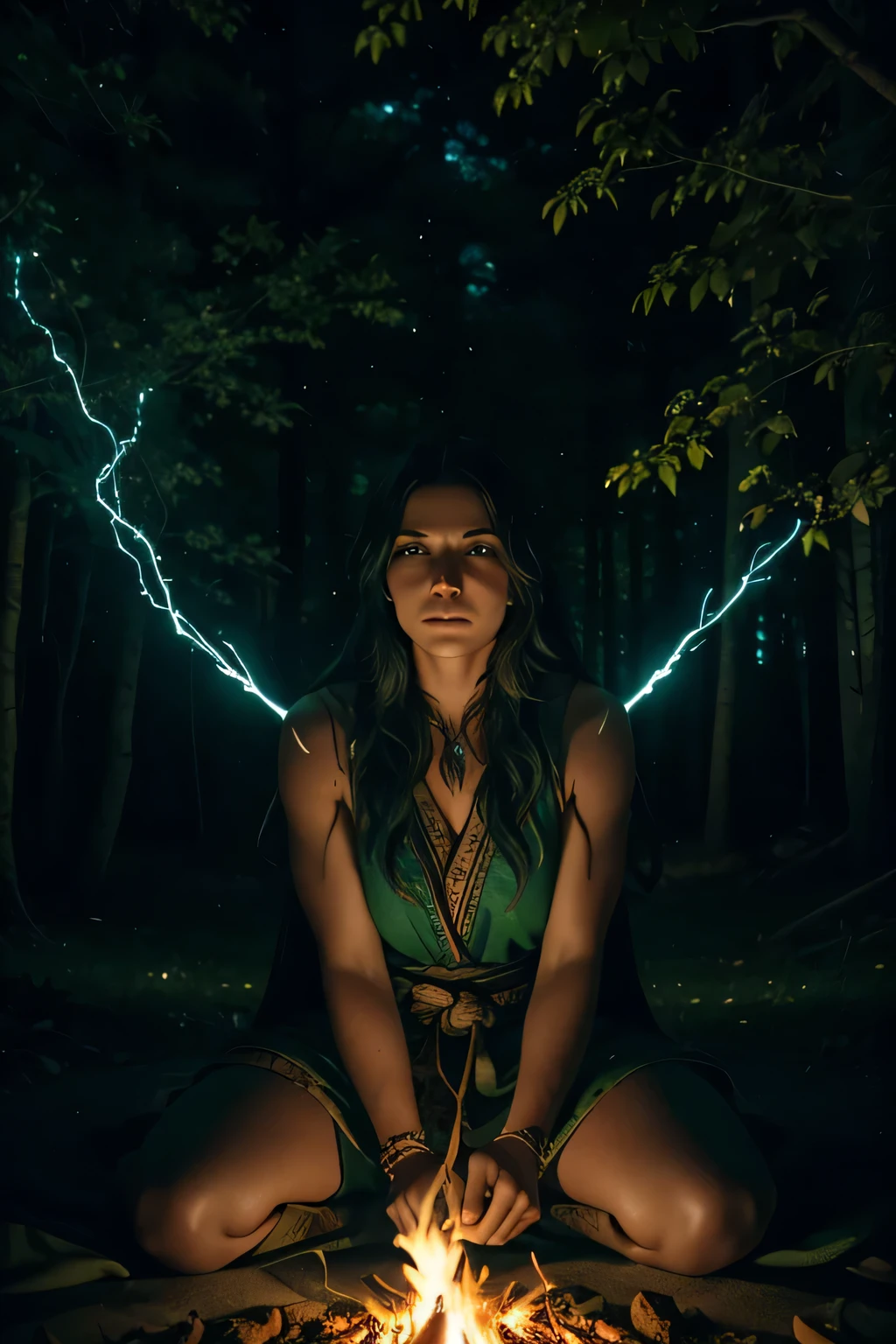 A legendary Shaman warrior summoning the spirits of the forest by casting a spell in front of a bonfire of green flames during a starry night, with luminous fireflies flying through the branches in a supernatural and mystical atmosphere. high resolution, hiper-detalhado, fotografia premiada, perfeito, anatomia perfeita, detailed and perfect face and hands, professional cinematographic lighting, 4k.