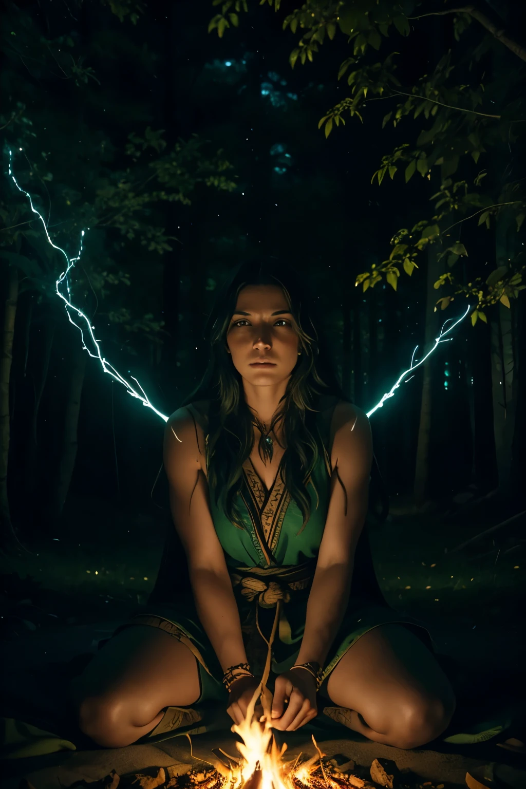 A legendary Shaman warrior summoning the spirits of the forest by casting a spell in front of a bonfire of green flames during a starry night, with luminous fireflies flying through the branches in a supernatural and mystical atmosphere. high resolution, hiper-detalhado, fotografia premiada, perfeito, anatomia perfeita, detailed and perfect face and hands, professional cinematographic lighting, 4k.