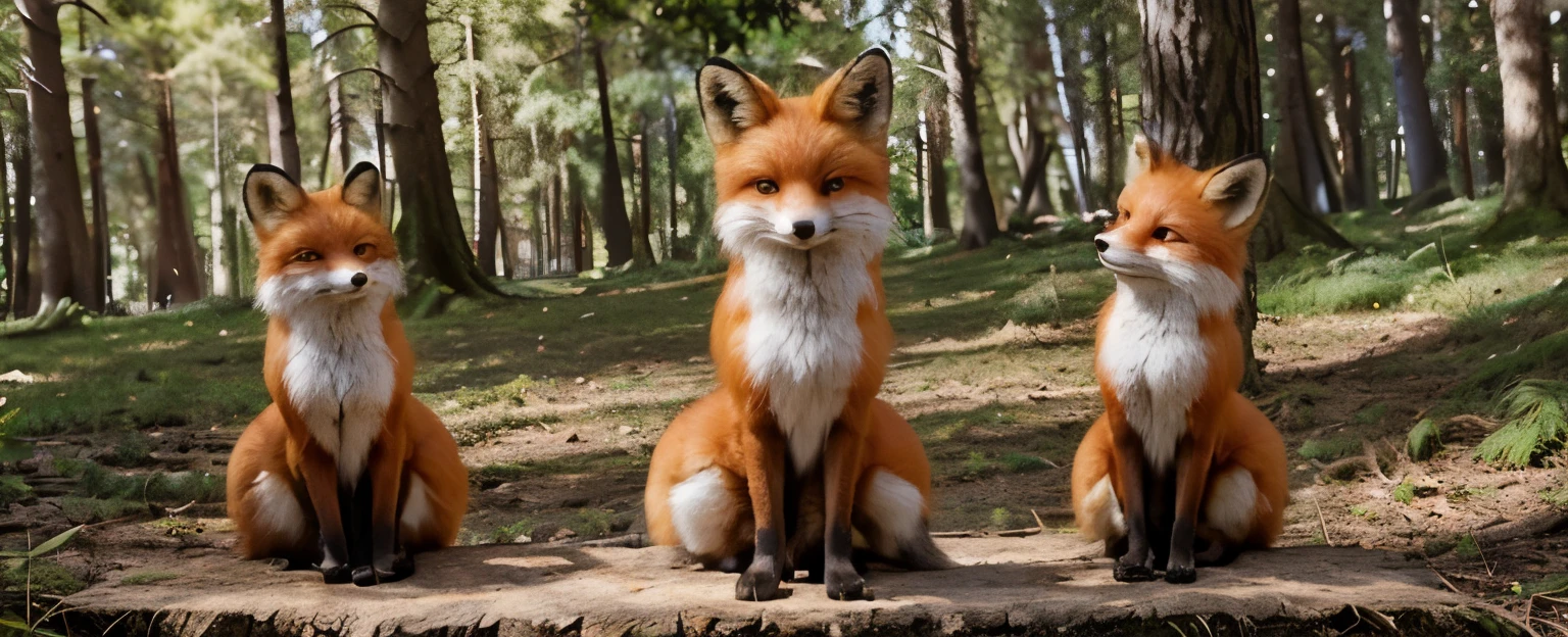 ((antropomorfic fox with realistic fur)), ((male)), Fox face, arms covered with realistic fur, wearing glasses, wearing white shirt, black pants, sunny day, forest background, ((huevos de pascua por todas partes)), standing on tree stump.

(Mejor calidad, realista, ultra detallado), zorro, happy expression, ((anthropomorphic fox))