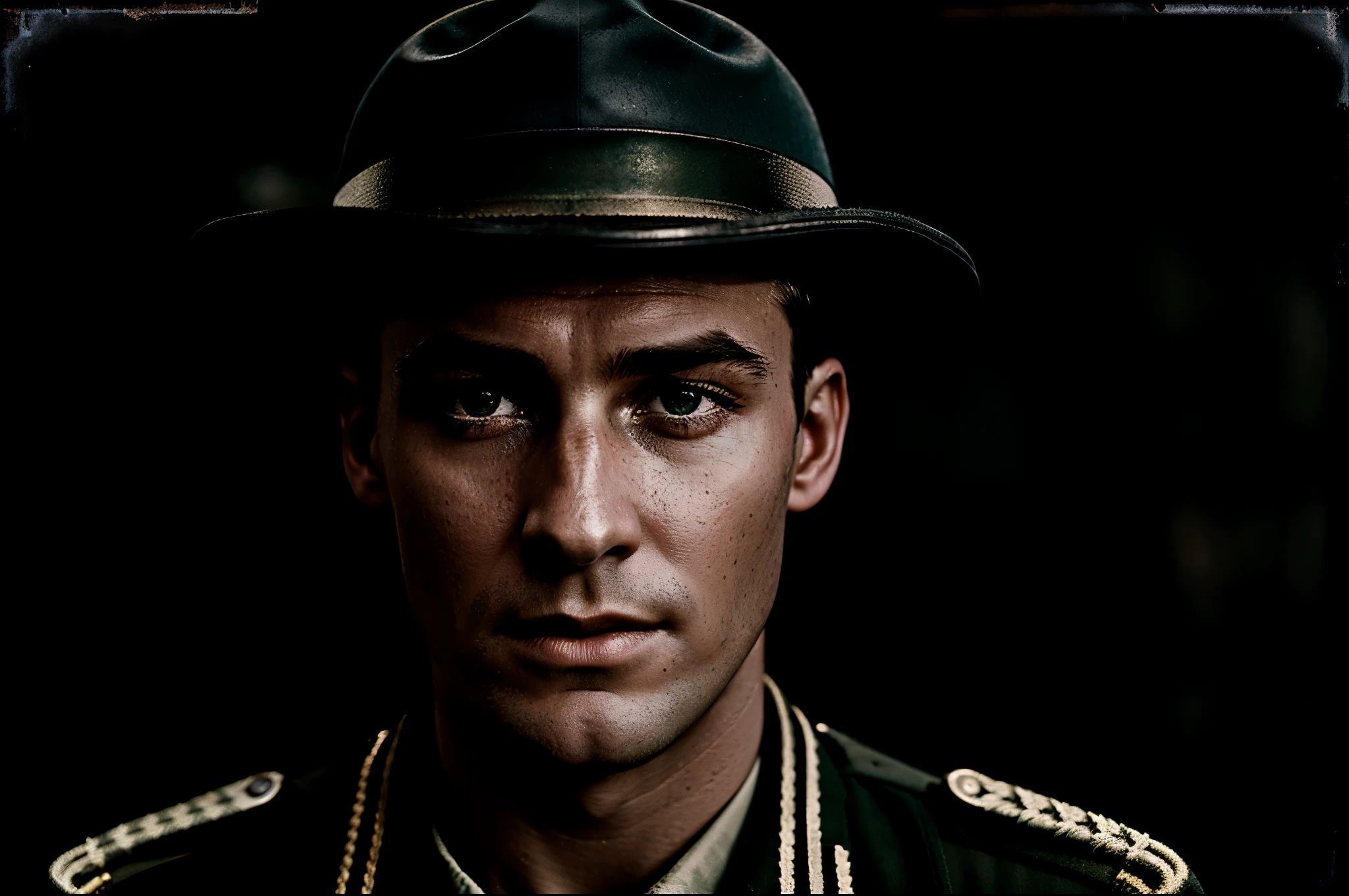 powerful vintage wet-plate close up portrait photo of a soldier, UK in industrial revolution photo, authentic film grain, daguerreo still 35mm photo by Alessio Albi and Charlie Bowater