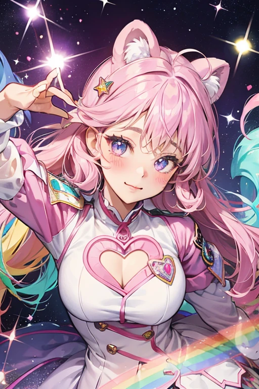 Togetherness Bear has rainbow fur her Badge is of a swirl that is shaped to form a heart. she also have lilac heart shaped blush with transparent star cut-outs in the center on their box art. SPARKLE; GLITTER