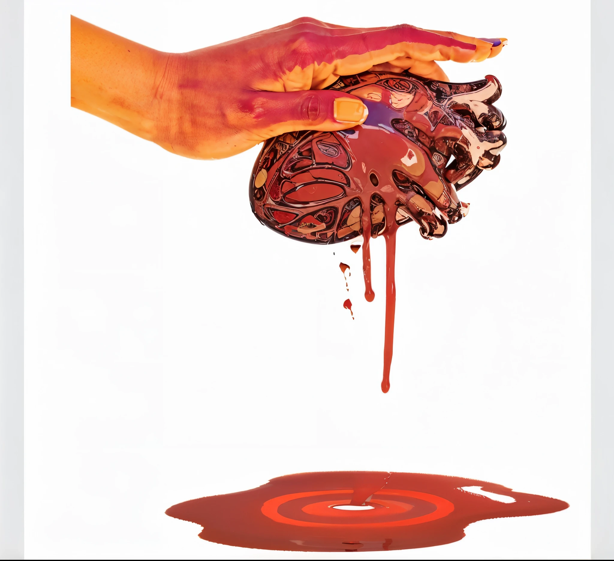 The uploaded image shows a stylized hand holding a human heart that is bleeding, with drops of blood falling into a pool below. The hand is colored in shades of orange and yellow, com contornos roxos e azuis, giving it an artistic and abstract look. The heart is detailed and realistic, standing out against the colorful hand. Drops of blood fall from the heart to a pool of blood below, which has visible ripples. The background of the image is white, which makes the vibrant colors of the hand and the red of the heart and blood stand out.