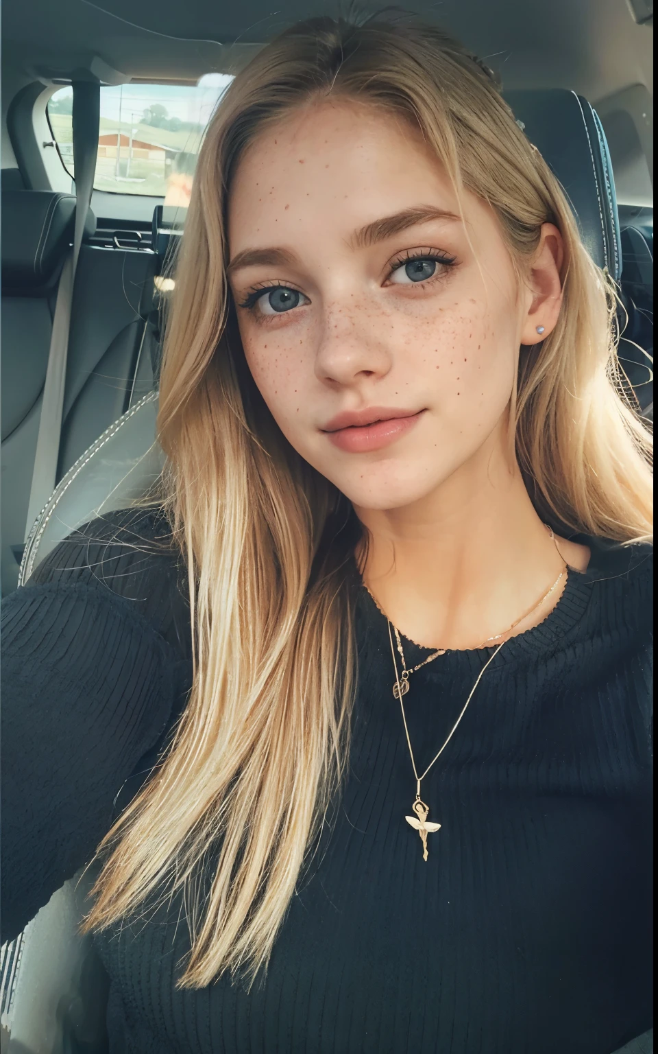 mulher, americana, 25 anos, pale skin and freckles, olhos cinzas, nariz delicado, soft and delicate lips, longo, cabelo blondie longo e ondulado na altura da cintura, sorriso meigo, face with delicate feminine facial features, altamente renderizado