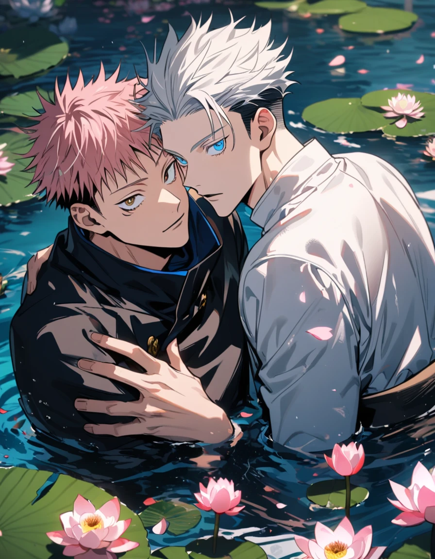4k, very detailed, hd, Itadori Yuji, pink hair, brown eyes, Gojo Satoru, white hair, blue eyes, white eyelashes, Jujutsu Kaisen, handsome, water, petals and lotus, 2 gay men together as a couple,
