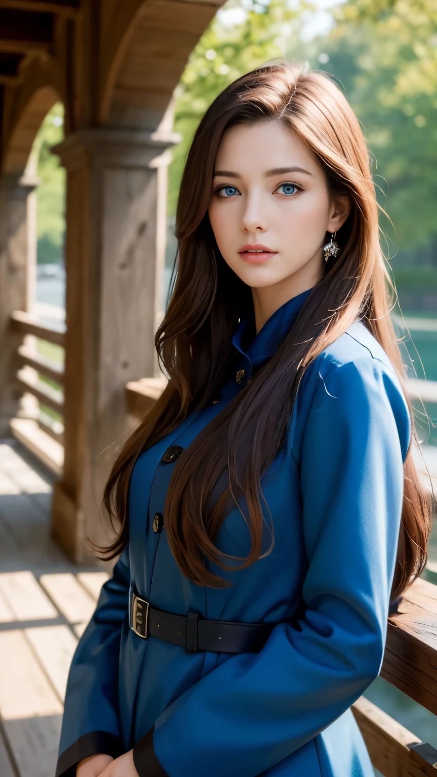 highest quality, 4k, High resolution, masterpiece:1.2, Super detailed, (realistic, realistic, realistic:1.37), lively, red and blue eyes，strong gaze，Seductive eye contact，fiery red iris，star shining in deep blue，Shining eyes，Bright colors，portrait，fantasy art，magical red light，mysterious beauty，Red color palette，red long hair，blue coat