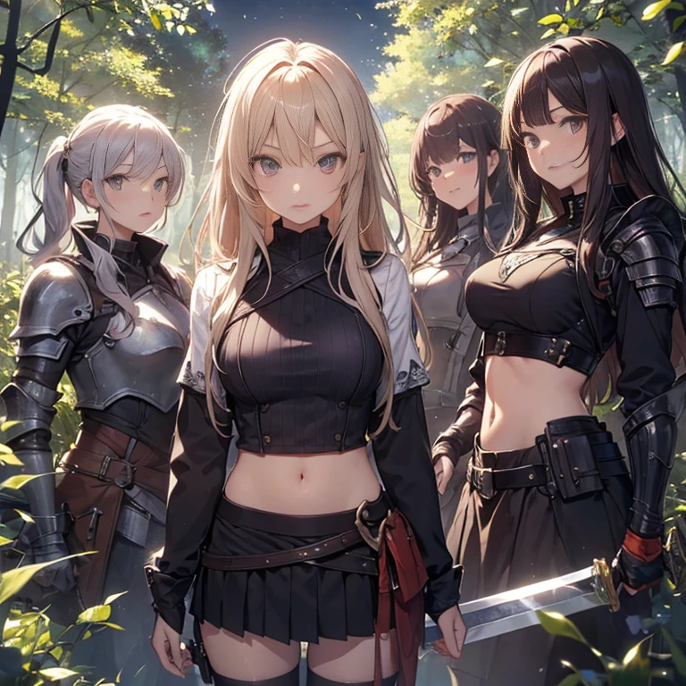 A group of  female knight, (in forest), various hair styles, harem, wearing armored clothes, metal armor, night, details face, , short skirt, seducing, sword, midriff 