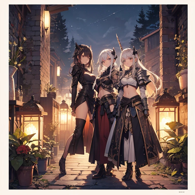 A group of  female knight, (in forest), various hair styles, harem, wearing armored clothes, metal armor, night, details face, , short skirt, seducing, sword, midriff 