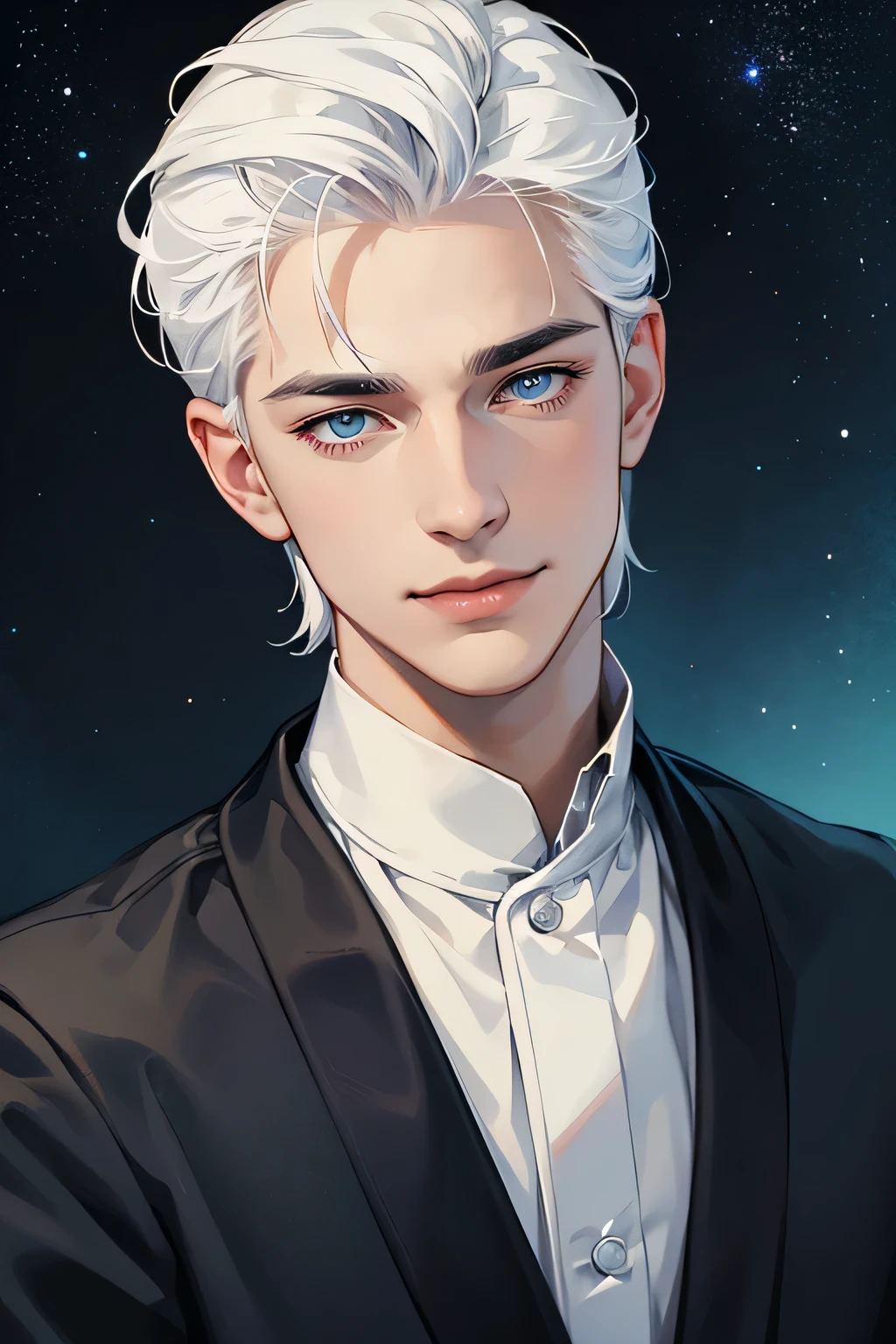 masterpiece, best quality, realistic, 1man, casual dark black clothes, young male, tall , handsome, smile, closed mouth, portrait, extremely detailed face, (over ther shoulder hair), (white hair), (blue eyes), portrait, starry sky