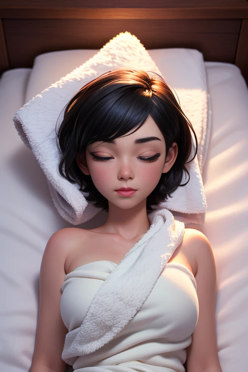 best quality, lifelike, 8k, high resolution, 1 girl, Miss, (professional lighting), (portrait:0.6), (Covered with a towel，Lie flat on your back on the bed), Gorgeous, black hair, (short hair:1.2), (1 girl ), eyes closed，lifelike, (Bokeh),SFW,Calm expression，full-body shot，top view