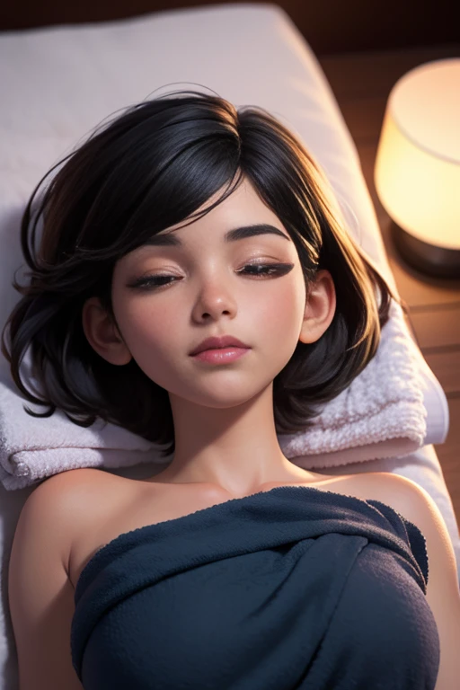 best quality, lifelike, 8k, high resolution, 1 girl, Miss, (professional lighting), (portrait:0.6), (Covered with a towel，Lie flat on your back on the bed), Gorgeous, black hair, (short hair:1.2), (1 girl ), eyes closed，lifelike, (Bokeh),SFW,Calm expression，full-body shot，top view