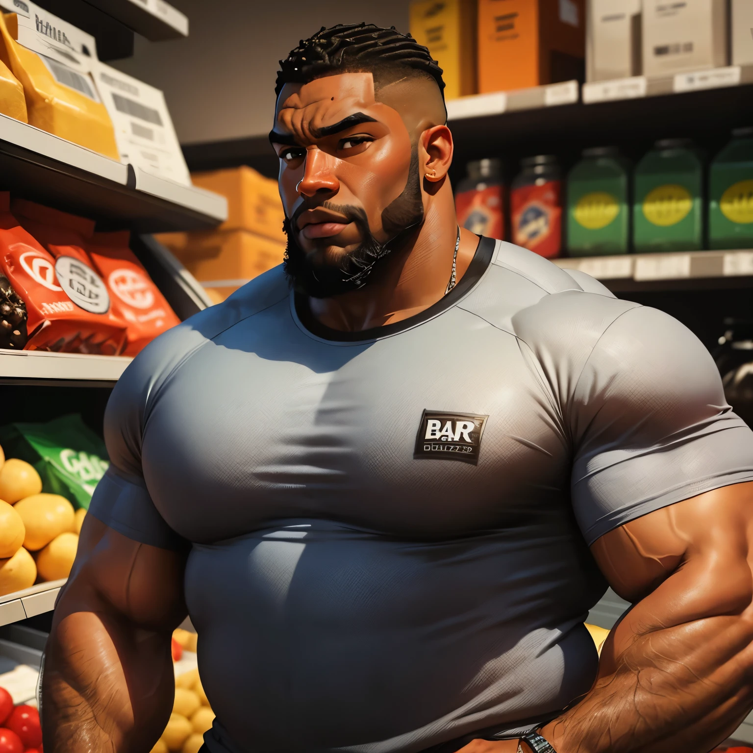 an exaggeratedly muscular and large bodyguard, beefy build, beard, dark-skinned african american male, buzzcut hair with square line, (wearing casual shirt 1.2), breast pocket, (bara pecs: 1.3), (arm and chest hair: 1.1), close-up portrait HD, (bright fluorescent grocery store isle)