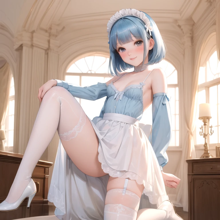 (masterpiece, best quality,absurdres, high details, perfect), 1girl, skyblue hair, short straight hair, blunt bangs,narrow waist, grey eyes, petals, pale skin, mansion, indoors, maid, maid headdress, cowboy shot, blush, light smile, head tilt, bowing,((Best quality)), ((masterpiece)), (detailed), (perfect face), (high resolution), (flawless face), ((small breasts)), in lingerie,((white knee-high)), full body,slightly spreading legs,front view,lifting skirt.