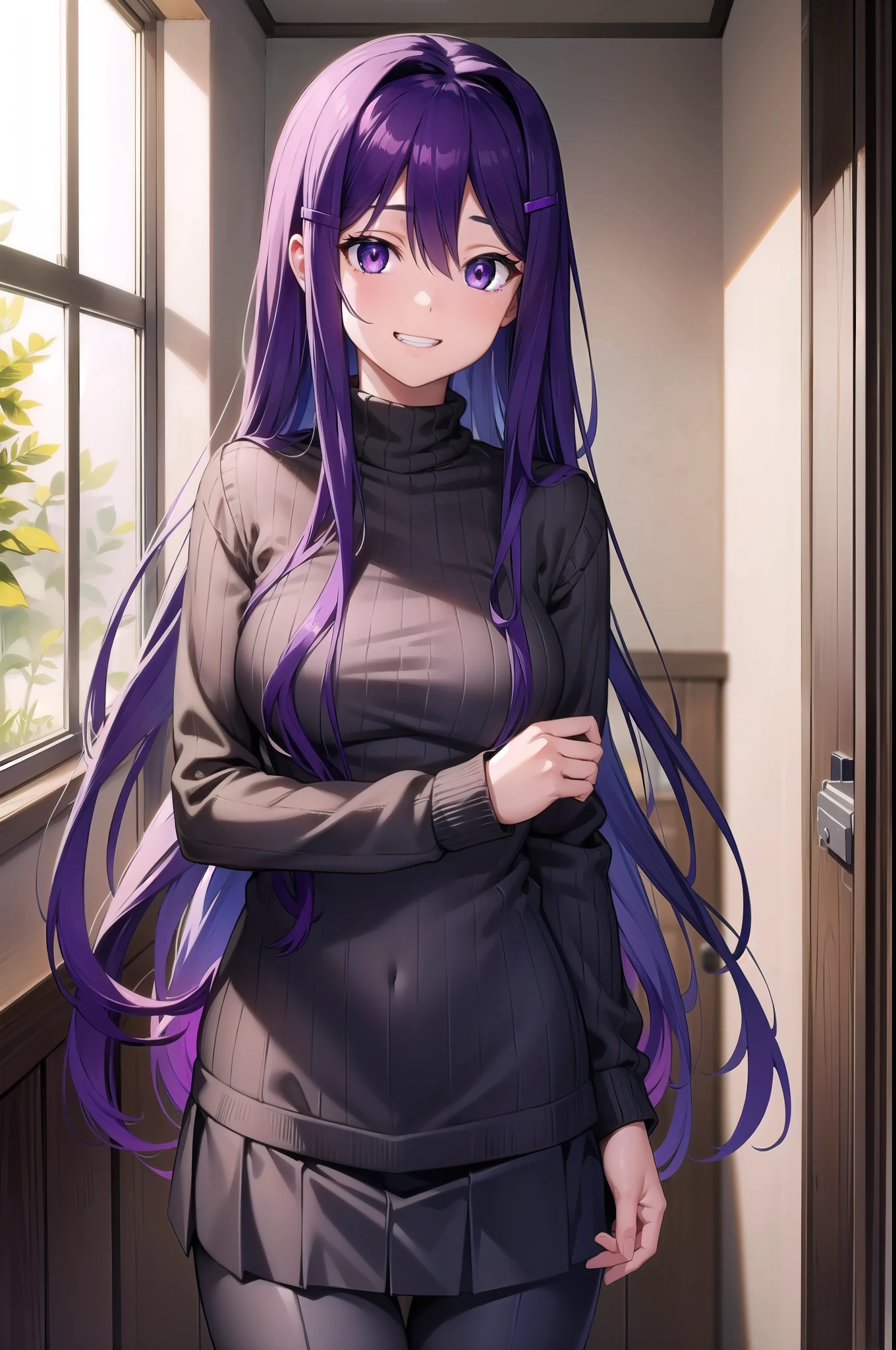 ddlcyuri, ddlcyuri, hair ornament, hairclip, long hair, (purple eyes:1.1), purple hair, grin, smile, hair over eyes, BREAK casual clothes, grey sweater, miniskirt, pants, ribbed sweater, skirt, sweater, turtleneck, turtleneck sweater, BREAK looking at viewer, BREAK indoors, classroom, BREAK (masterpiece:1.2), best quality, high resolution, unity 8k wallpaper, (illustration:0.8), (beautiful detailed eyes:1.6), extremely detailed face, perfect lighting, extremely detailed CG, (perfect hands, perfect anatomy),,