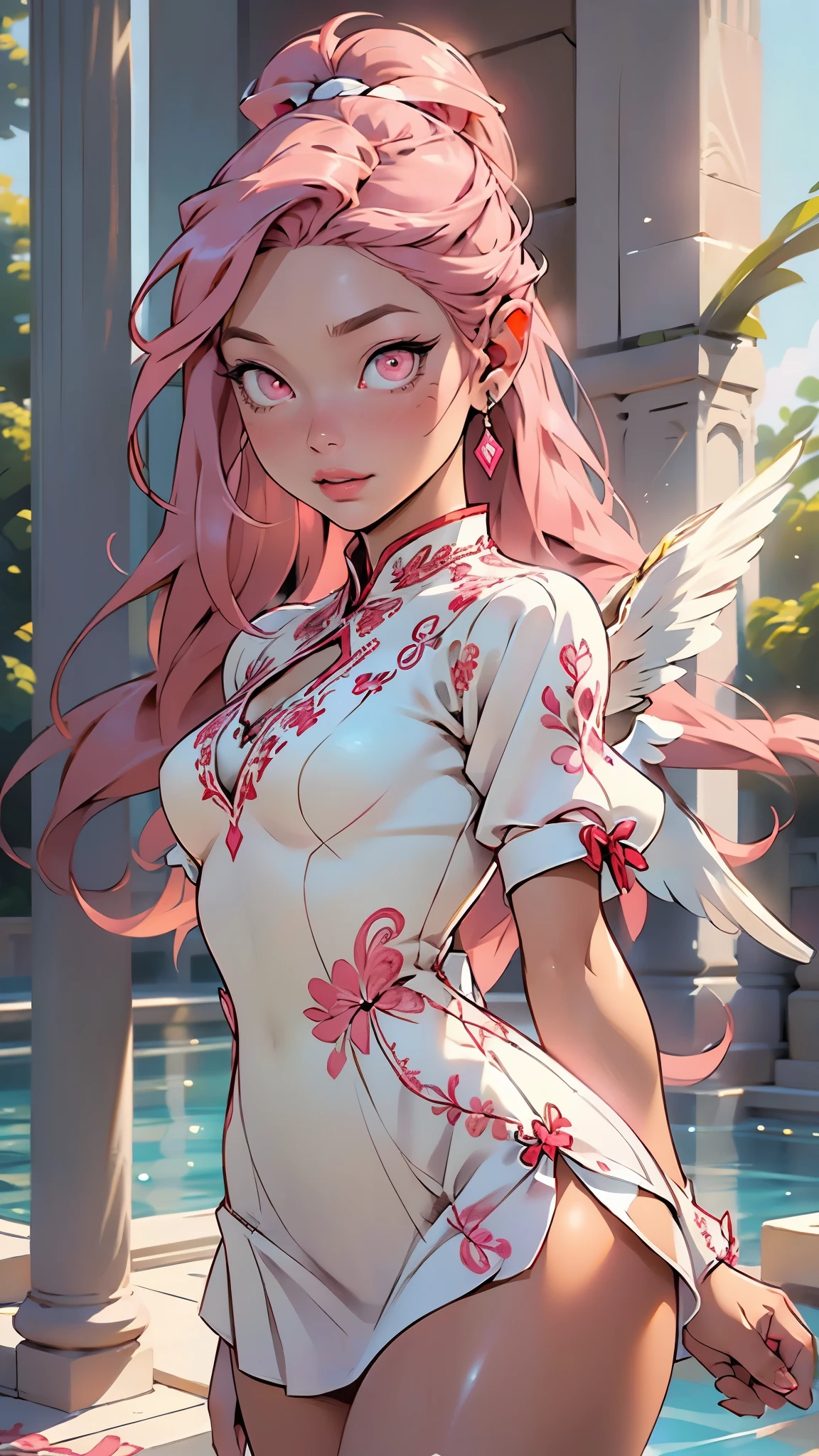 angel girl,1girl,((extremely cute and beautiful pink haired angel girl)),Cupid, holding a bow and an arrow with a heart shaped tip, white pink and red, feminine, small, very young,small breasts,((((long pink hair:1.35,absurdly long unkempt hair,colored inner hair,ear breathing)))),(((pink_eyes:1.3))),intricate eyes,beautiful detailed eyes,symmetrical eyes,((((lustrous skin:1.5,tanned skin,bright skin:1.5,skin tanned,shiny skin,very shiny skin,shiny body)))),(spider lower abdomen,inflated legs,thick thighs,detailed body,(detailed face)),
cute,slutty,seductive,erotic,(nsfw),love hearts,
pink eyes with a heart, lipstick in the form of a heart on her lips, a white top and a short white skirt with lace, (((a bow and arrow))), ((((small white wings)))), a gentle smile,(((intricate outfit,intricate clothes,embroidered outfit,ornate outfit))),
(dynamic pose:1.0),embarrassed,(centered,scale to fit dimensions,Rule of thirds),
((beautiful bath house made of greek marble and pillars, beautiful clear water in pool)),scenery:1.25,((intricate scenery)),((greek temple background)),
(Glossy greek ornaments),highres,sharp focus,(ultra detailed,extremely detailed),(photorealistic artwork:1.37),(extremely detailed CG unity 8k wallpaper),(((vibrant colors,vibrant theme))),(intricate),(masterpiece),(best quality),artistic photography,(photography taken by sldr),(intricate background),perfect rendered face,perfect face details,realistic face,photo realistic,((intricate detail)),(((realism))),