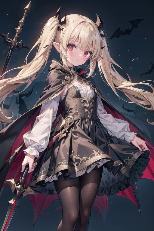 1girl, solo, blonde-hair, red-eyes, pointy-ears, looking-at-viewer, long-hair, pantyhose, vampire, holding, dress, two-side-up, black-pantyhose, hair-ornament, holding-weapon, weapon, black-dress, cape, bat-hair-ornament, standing, polearm, long-sleeves, blush, thick thighs, frills, holding-polearm, black-cape, closed-mouth, short-dress, floating-hair, twintails