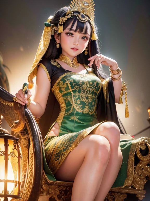 Create fantastic and epic Images A character who is a beautiful and charming Javanese woman, with a sweet smile. Sitting on a chariot pulled by four white horses. This character is wearing traditional Javanese war clothes complete with a small crown and a green kemben/camisole with gold sequin Javanese carving motifs, as well as a shawl. green that ties the camisole and white batik cloth skirt with small black motifs. The carriage looked majestic, with Javanese carvings of golden dragons coiled around it. The background of the image shows a foggy atmosphere with silhouettes of trees and mountains. A mysterious and magical atmosphere is created by the combination of colors and lighting. Ultra HD, HD, realistic, 4K