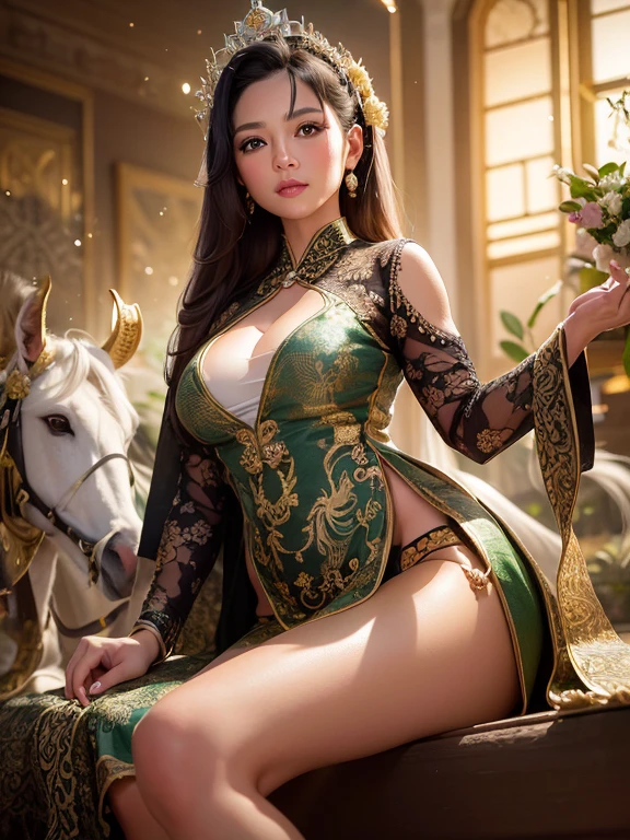 Create fantastic and epic Images A character who is a beautiful and charming Javanese woman, with a sweet smile. Sitting on a chariot pulled by four white horses. This character is wearing traditional Javanese war clothes complete with a small crown and a green kemben/camisole with gold sequin Javanese carving motifs, as well as a shawl. green that ties the camisole and white batik cloth skirt with small black motifs. The carriage looked majestic, with Javanese carvings of golden dragons coiled around it. The background of the image shows a foggy atmosphere with silhouettes of trees and mountains. A mysterious and magical atmosphere is created by the combination of colors and lighting. Ultra HD, HD, realistic, 4K