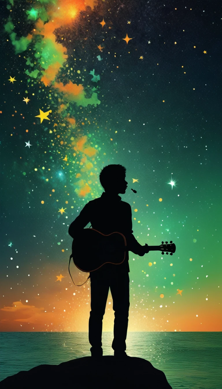 (highest quality,High resolution:1.2),Ocean面で踊る人々silhouette of,starry sky background,green,orange,blurry,zentangle style,black, chew it up, stand out, The most emotional silhouette ever, shine, Ocean, explosion of music, flying musical notes, Magic, thank you. Written by Tupu...lol...