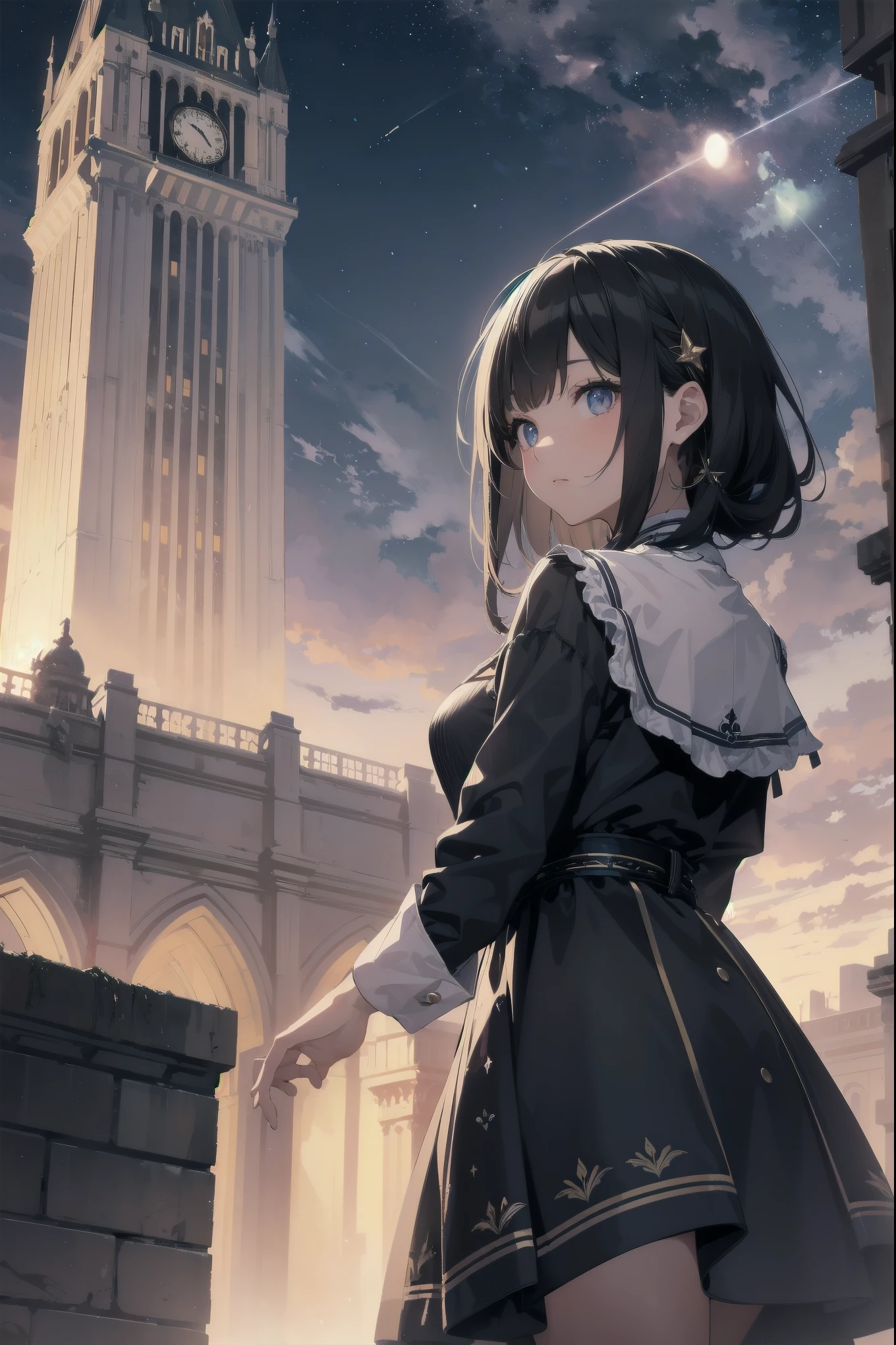 Girl looking up Scene 1: Twilight tower shadow The girl stands quietly against the sky, which is dyed an azure colour. Towering up in front of her is a huge structure called the Tower of Babel. Its form, which seems to pierce through the clouds, seems as if it is about to reach the heavens. The girl's gaze is directed towards the top of the tower. The tower, shrouded in evening darkness, creates a fantastic atmosphere. The surface of the tower is engraved with intricate patterns. It looks like ancient writing. The girl seems to sense something deep within the tower. Is it the memory of a masterpiece story or a longing for an unknown fantasy world? Scene 2: Memory of the starry sky The girl stands at the top of the tower amidst countless twinkling stars in the night sky. At her feet, the lights of the city shine like jewels. The girl closes her eyes and takes a deep breath. The scent of the night breeze is mixed with the old smell of the tower. The girl's mind replayed a famous story. It was a story of adventure and friendship that the girl read as a . The hero of the story, like the girl, climbed the Tower of Babel. There, she meets her friends and overcomes various difficulties. The girl dreamed that one day she, like the hero, would go on an adventure. Scene 3: The promise of the morning glow The girl left the tower just as the light of the morning sun was illuminating it. Looking back, the tower shone in the morning sun and even looked divine. The girl decides that one day she will climb this tower again. And when she does, she vows to spin out the rest of the masterpiece's story. Step by step, the girl walked into the future.