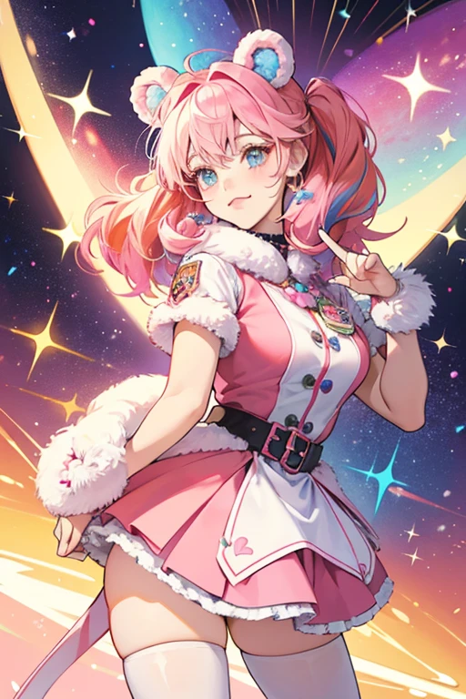 True Heart Bear has multicolored pastel fur and her badge depicts a five pointed star, each point being a different colour with a heart in the centre. Initially her nose is colored orange and is later recolored pink. SPARKLE; GLITTER