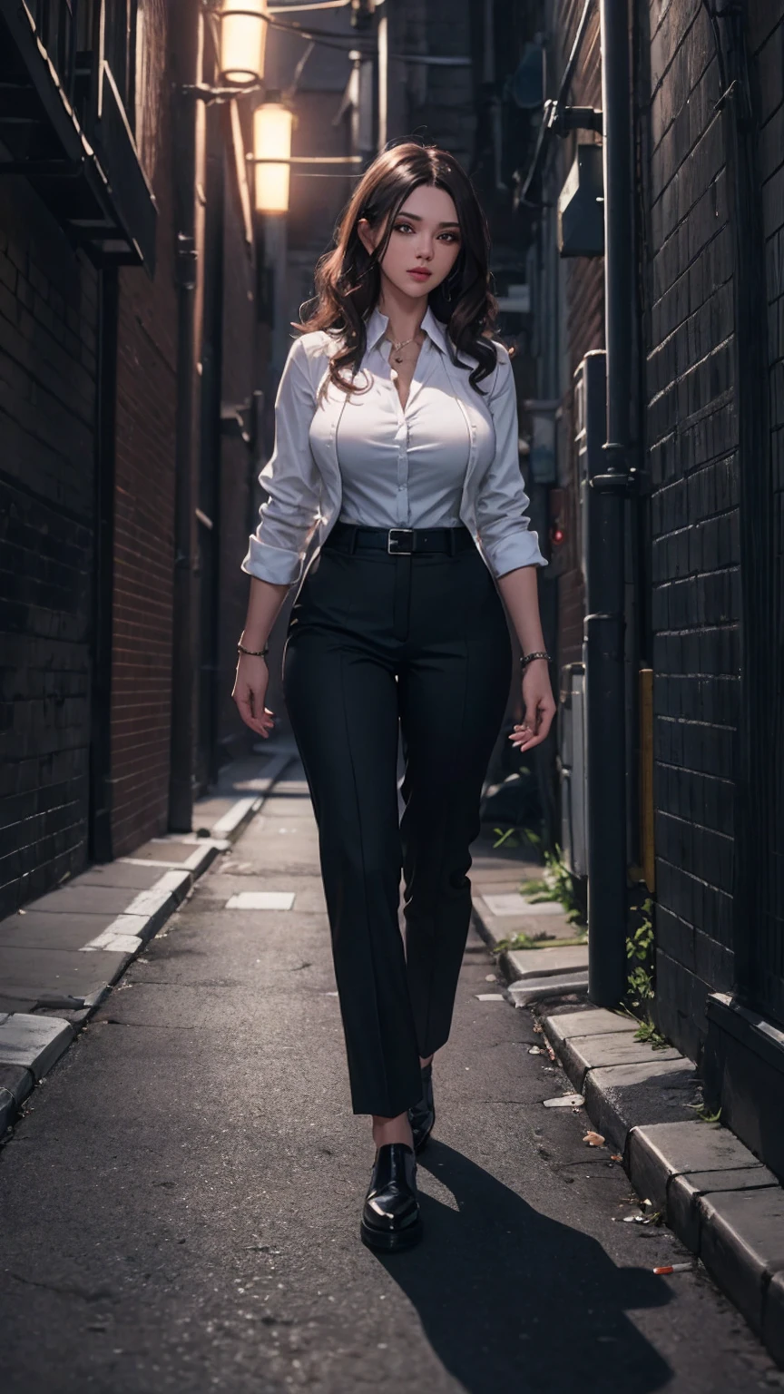 woman, big breasts, Bare arms, long curly brown hair, Dark suit pants, Black suit jacket with white shirt, city background, night, in a dark alley, actual, 8K, Unreal Engine, Very detailed, octane rendering,
