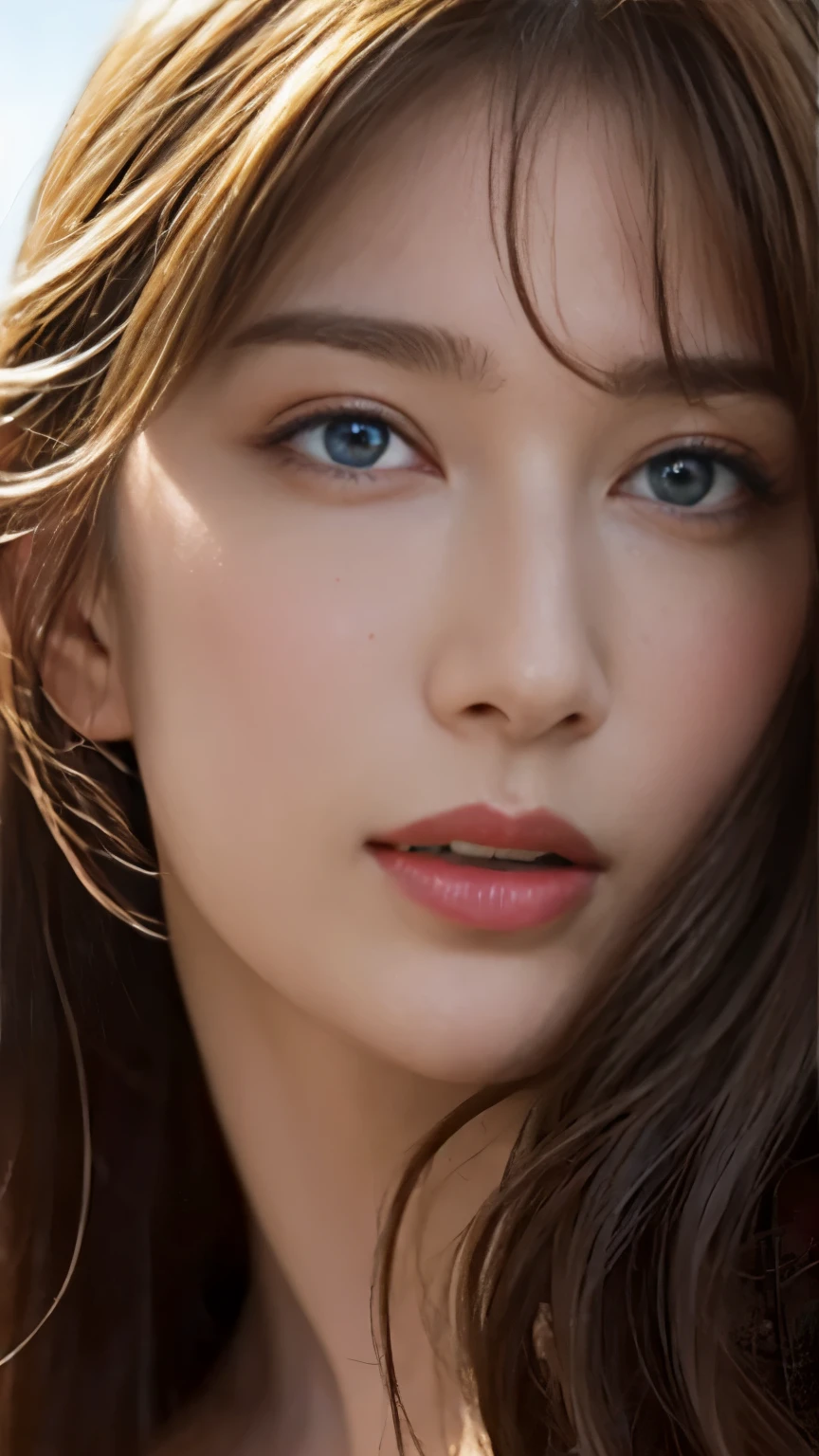 highest quality, 4k, High resolution, masterpiece:1.2, Super detailed, (realistic, realistic, realistic:1.37), lively, red and blue eyes，strong gaze，Seductive eye contact，fiery red iris，star shining in deep blue，Shining eyes，Bright colors，portrait，fantasy art，magical red light，mysterious beauty，Red color palette，red long hair，blue coat