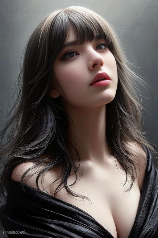 masterpiece, best quality, ultra-detailed, facing the camera head on, intricately detailed hyperdetailed, realistic, sharp features, highly detailed, sharp focus, perfect face, perfect face, perfect symmetrically perfect eyes, perfect full lips, flexible female form, cinematic, film light, hyper detailed, hyper realistic, masterpiece, atmospheric, high resolution, vibrant, dynamic studio lighting, nsfw, ((Dark background)), Sexy face, Facial expressions when receiving pleasure, straight Bangs, Big breasts, Exposed cleavage, blue Eyes,black sweater,