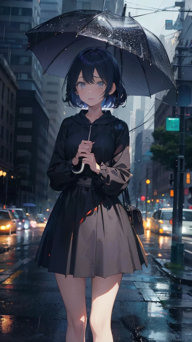 1 anime girl, alone,Black petals flutter, A mysteriously shining butterfly.city,vivid hair,Vivid gemstone eyes,thin legs,Gloomy cloudy sky,sad expression,very clear,highest quality,rainy city,have an umbrella,standing on street corner,Are crying,tears