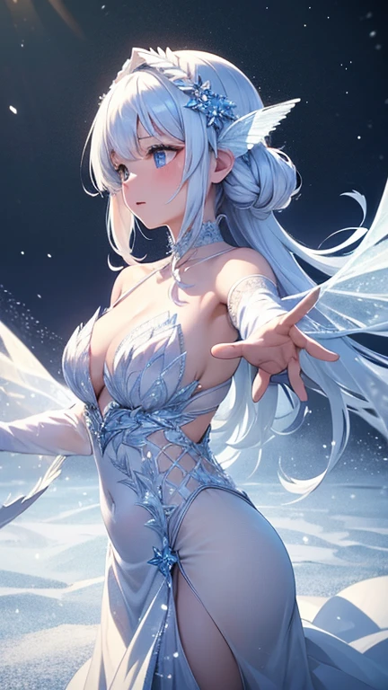 (best quality, 8k, highres, masterpiece:1.2), ultra-detailed, fleeting snow fairy, white feathers, translucent skin, dancing silently, clear as ice, coldness, fragility, beauty, enchanting glow, winter silence