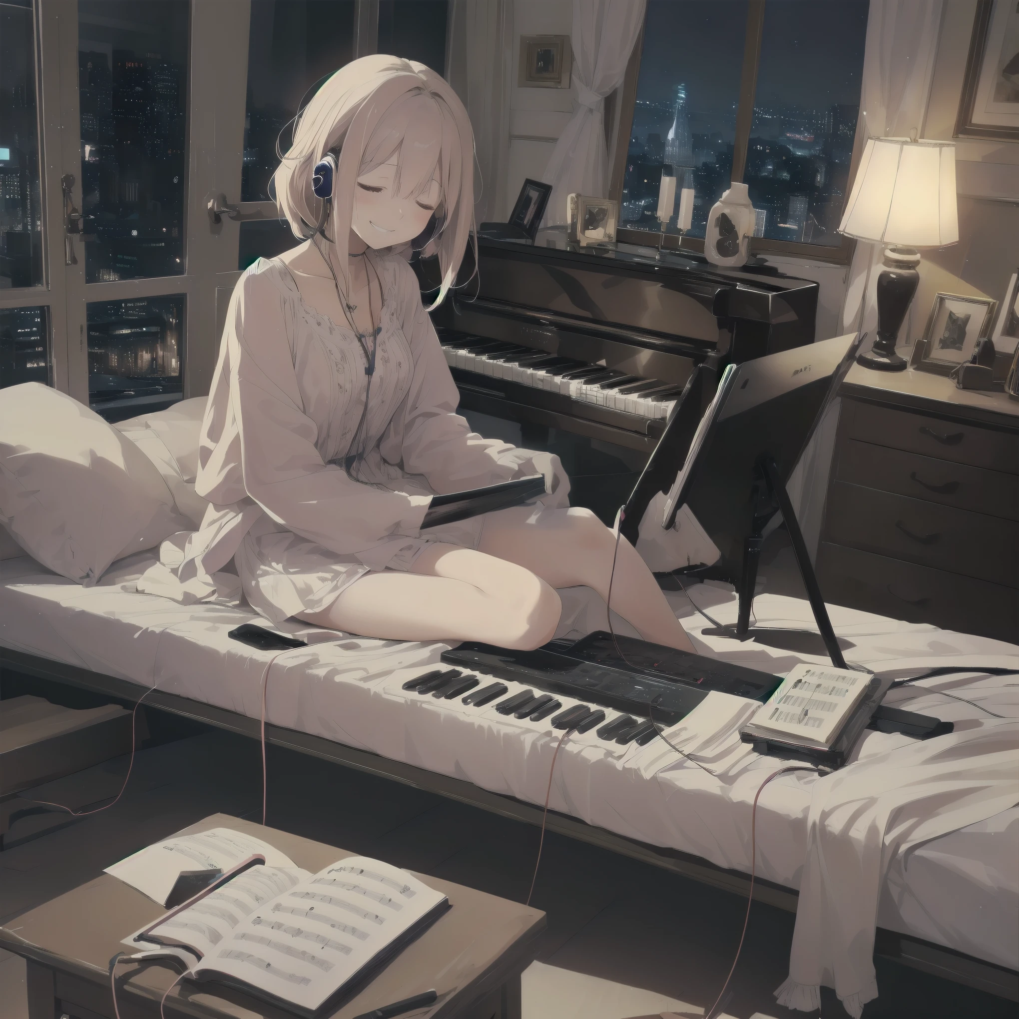 A night of music: she put on her earphones and closed her eyes. Her room was filled with beautiful melodies and she was completely absorbed in the music. 'Nothing could be more comforting', she couldn't help but smile.