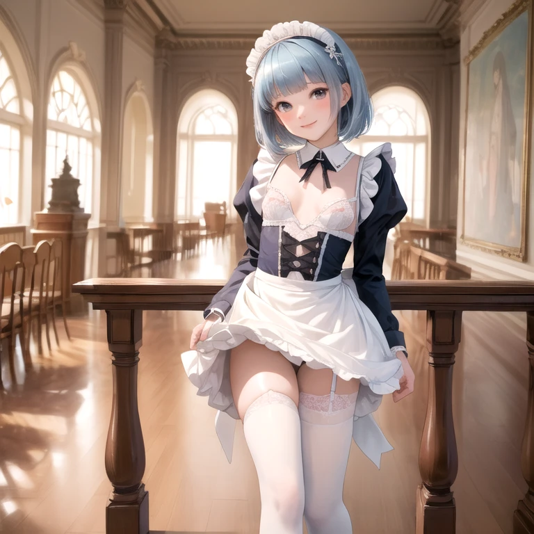 (masterpiece, best quality,absurdres, high details, perfect), 1girl, skyblue hair, short straight hair, blunt bangs,narrow waist, grey eyes, petals, pale skin, mansion, indoors, maid, maid headdress, cowboy shot, blush, light smile, head tilt, bowing,((Best quality)), ((masterpiece)), (detailed), (perfect face), (high resolution), (flawless face), ((small breasts)), in lingerie,((white knee-high)), full body,slightly spreading legs,front view,lifting skirt.