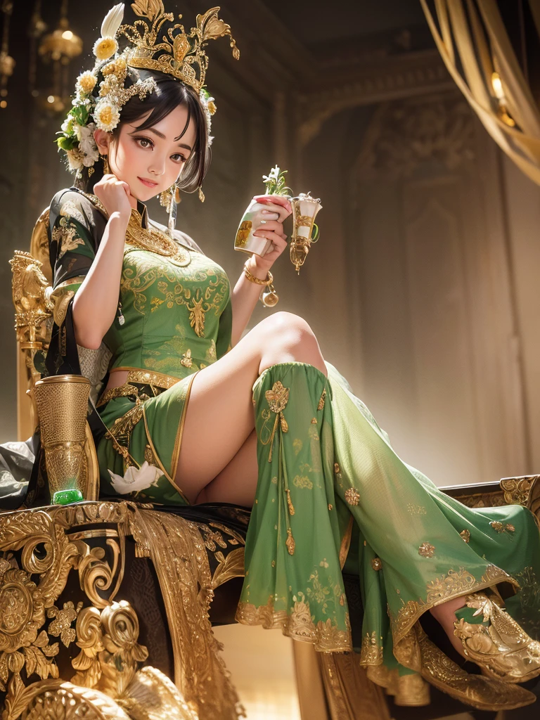 Create fantastic and epic Images A character who is a beautiful and charming Javanese woman, with a sweet smile. Sitting on a chariot pulled by four white horses. This character is wearing traditional Javanese war clothes complete with a small crown and a green kemben/camisole with gold sequin Javanese carving motifs, as well as a shawl. green that ties the camisole and white batik cloth skirt with small black motifs. The carriage looked majestic, with Javanese carvings of golden dragons coiled around it. The background of the image shows a foggy atmosphere with silhouettes of trees and mountains. A mysterious and magical atmosphere is created by the combination of colors and lighting. Ultra HD, HD, realistic, 4K