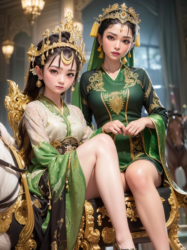 Create fantastic and epic Images A character who is a beautiful and charming Javanese woman, with a sweet smile. Sitting on a chariot pulled by four white horses. This character is wearing traditional Javanese war clothes complete with a small crown and a green kemben/camisole with gold sequin Javanese carving motifs, as well as a shawl. green that ties the camisole and white batik cloth skirt with small black motifs. The carriage looked majestic, with Javanese carvings of golden dragons coiled around it. The background of the image shows a foggy atmosphere with silhouettes of trees and mountains. A mysterious and magical atmosphere is created by the combination of colors and lighting. Ultra HD, HD, realistic, 4K