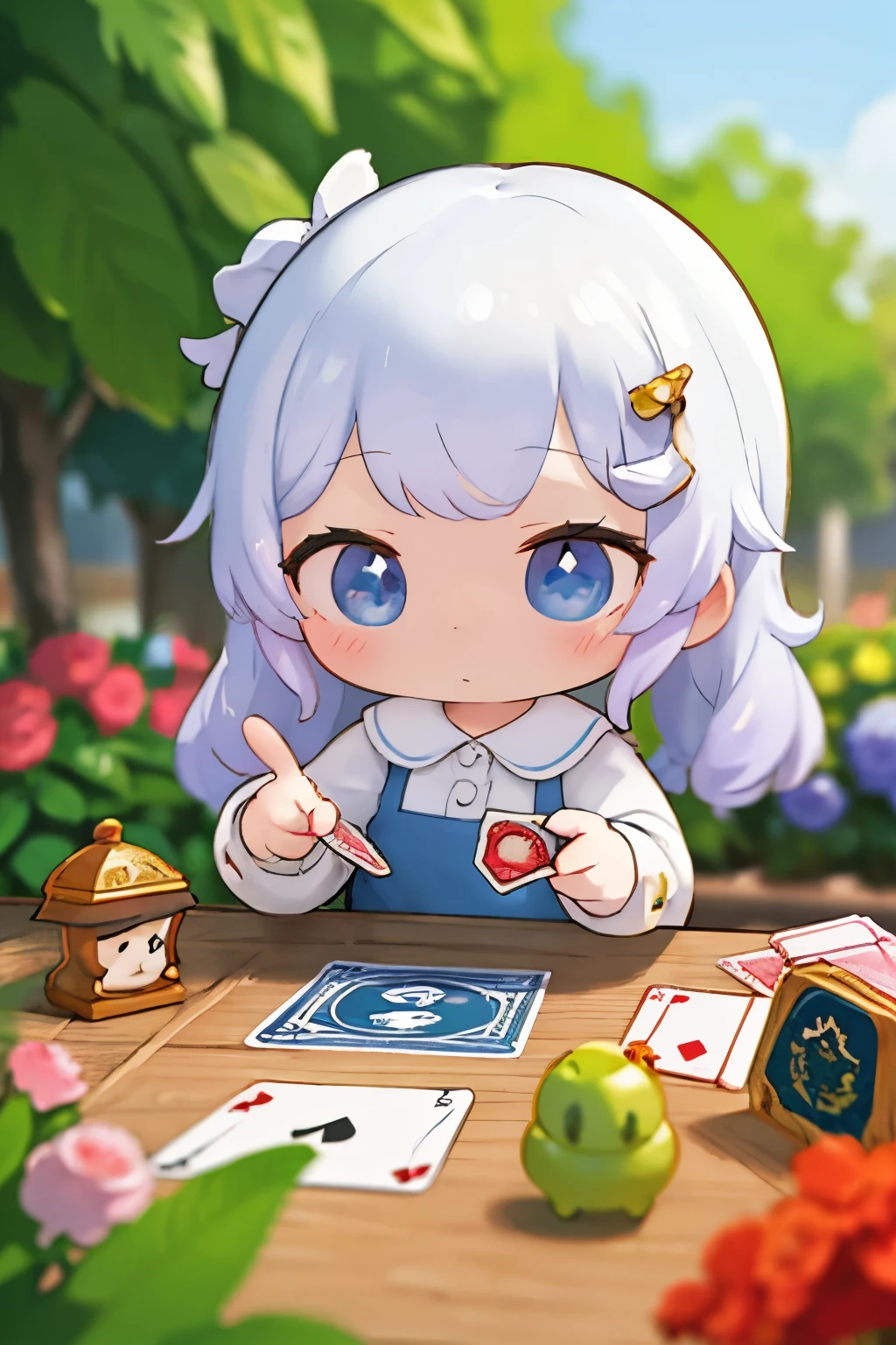 ()Please express the contents inside with a chibi girl doll.(Photoreal、playing card games、youth、after school、garden)