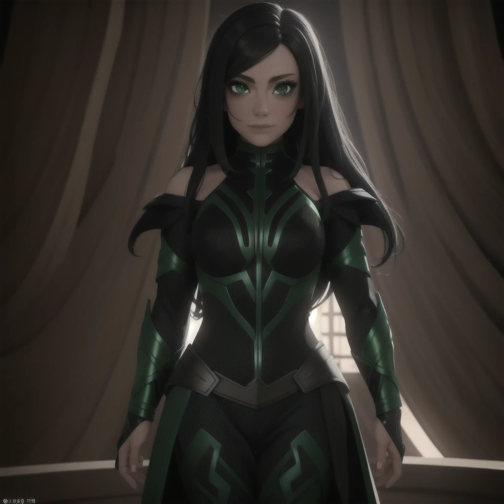 Best_QualityPos, RAW photo, intricate details, best quality, 8k uhd, soft lighting, 1girl, solo, bare shoulders, black hair, long hair, armor, green eyes  