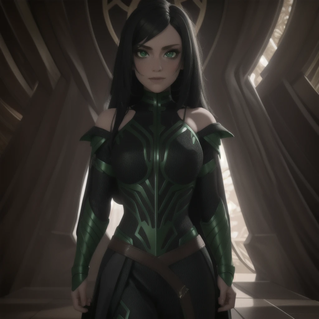 Best_QualityPos, RAW photo, intricate details, best quality, 8k uhd, soft lighting, 1girl, solo, bare shoulders, black hair, long hair, armor, green eyes  