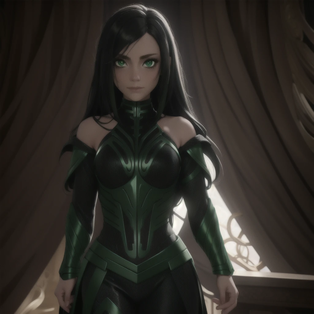 Best_QualityPos, RAW photo, intricate details, best quality, 8k uhd, soft lighting, 1girl, solo, bare shoulders, black hair, long hair, armor, green eyes  