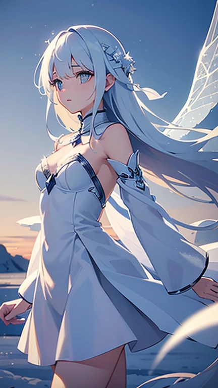 (best quality, 8k, highres, masterpiece:1.2), ultra-detailed, fleeting snow fairy, white feathers, translucent skin, dancing silently, clear as ice, coldness, fragility, beauty, enchanting glow, winter silence