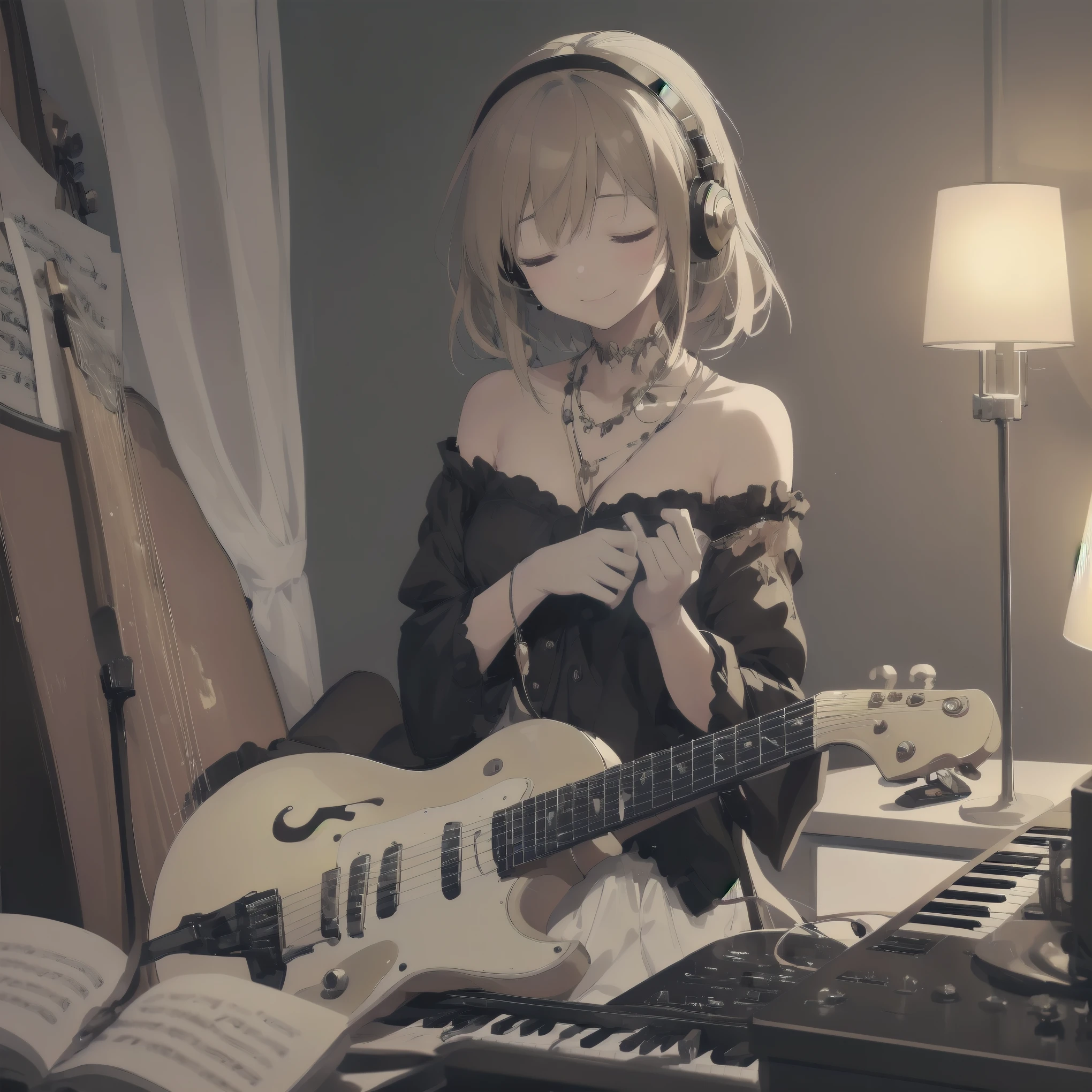 A night of music: she put on her earphones and closed her eyes. Her room was filled with beautiful melodies and she was completely absorbed in the music. 'Nothing could be more comforting', she couldn't help but smile.