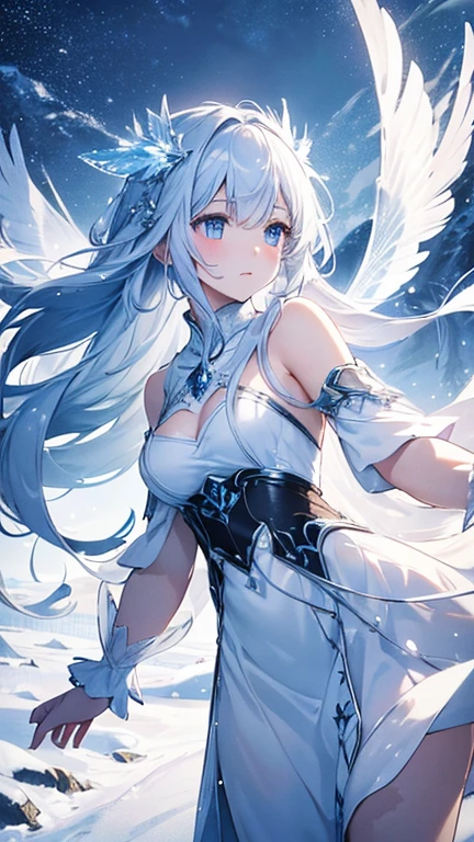 Anime girl, two-dimensional, with a pair of white dragon horns on her head and a pair of white dragon wings behind her