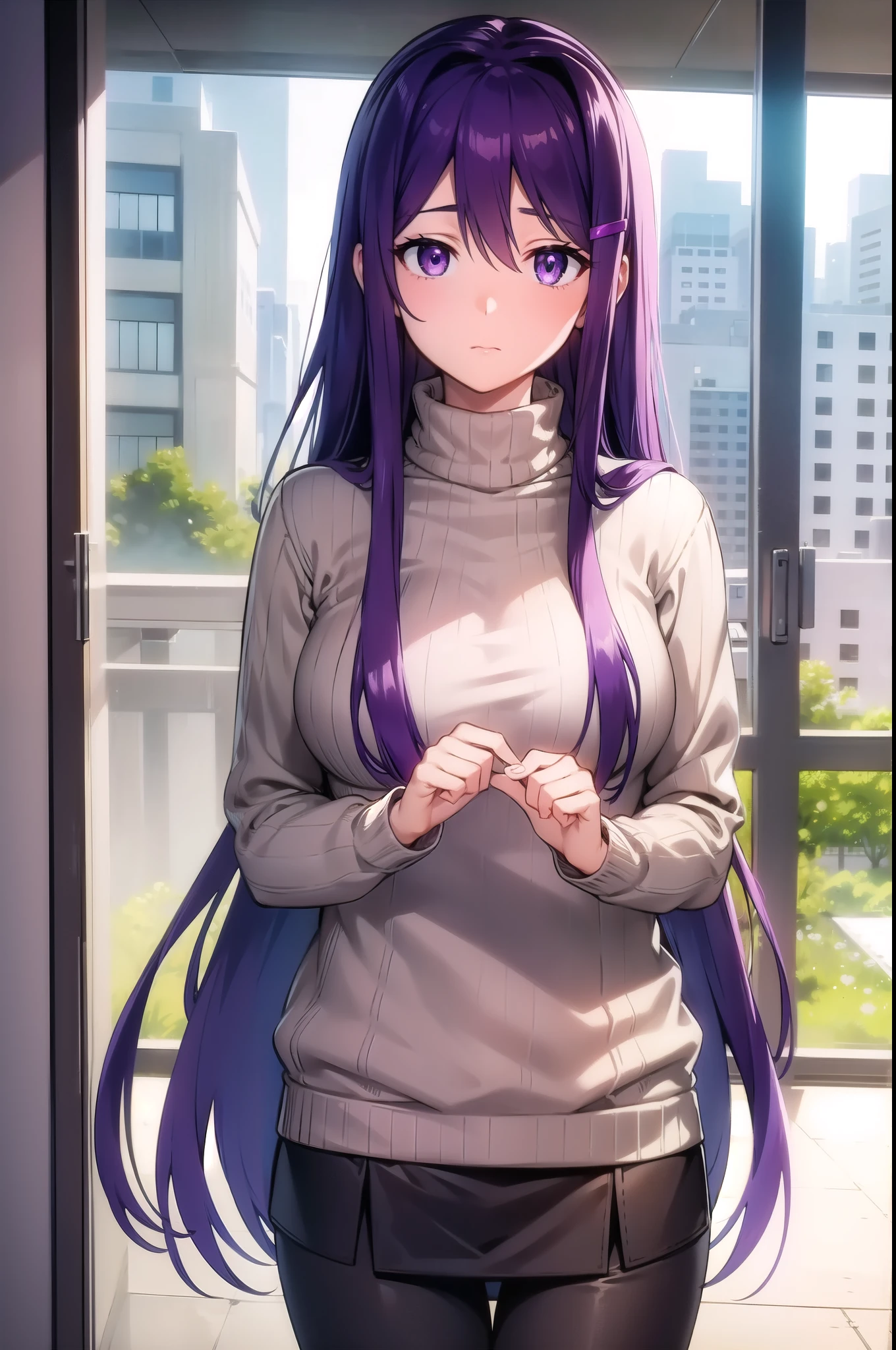 ddlcyuri, ddlcyuri, hair ornament, hairclip, long hair, (purple eyes:1.1), purple hair, shy face, hair over eyes, BREAK casual clothes, grey sweater, miniskirt, pants, ribbed sweater, skirt, sweater, turtleneck, turtleneck sweater, BREAK looking at viewer, BREAK indoors, classroom, BREAK (masterpiece:1.2), best quality, high resolution, unity 8k wallpaper, (illustration:0.8), (beautiful detailed eyes:1.6), extremely detailed face, perfect lighting, extremely detailed CG, (perfect hands, perfect anatomy),,