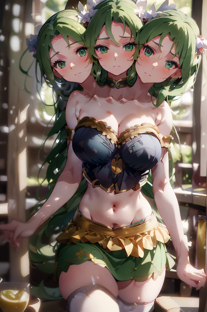 (masterpiece, best quality), best quality, best resolution, (ultra-detailed), (3heads:1.5), 1girl, (mima:1.3), masterpiece, top best quality, ultra quality, ultra resolution, white and blue top, crop top, ((stomach)), midriff, ((groin)), white and blue skirt, miniskirt, normal ears, shackles, green hair, very long hair, wavy hair, sidelocks, green eyes, parted lips, sweat, cute, toned belly, hand on own chest, eyelashes, (26 year old woman:1.3), (masterpiece:1.5), (best quality:1.5), (beautiful detailed), extremely detailed CG, extremely delicate and beautiful, depth of field, (finely detailed face), (perfect details:1.2), (mature female:1.3), wide pelvis, slender, large veiny breast, 16k resolution, highres, very high quality, very high definition, extremely detailed, masterpiece, green hair, long hair, alluring presence, twin braid, short skirt, close up, big tits, young,