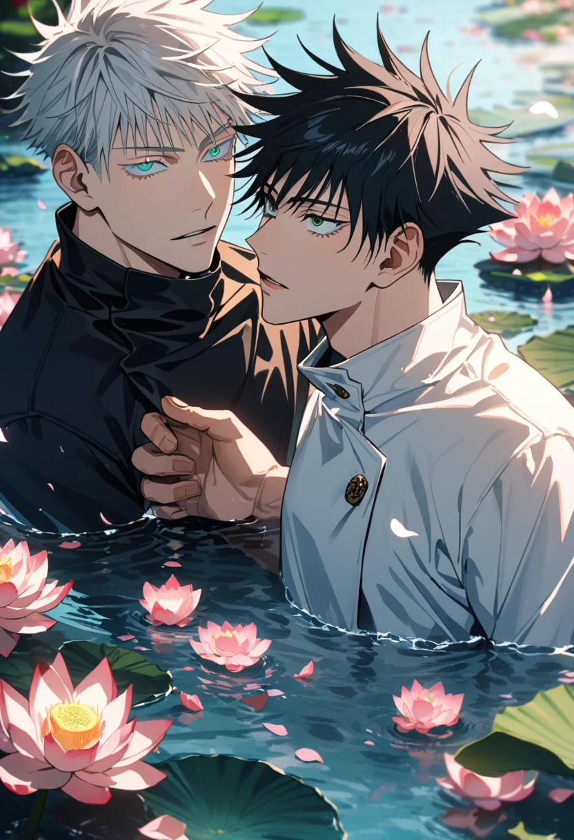 4k, very detailed, hd, Fushiguro Megumi, black hair, green eyes, Gojo Satoru, blue eyes, white hair with bangs, white eyelashes, Jujutsu Kaisen, handsome, water, petals and lotus, 2 gay men together as a couple,