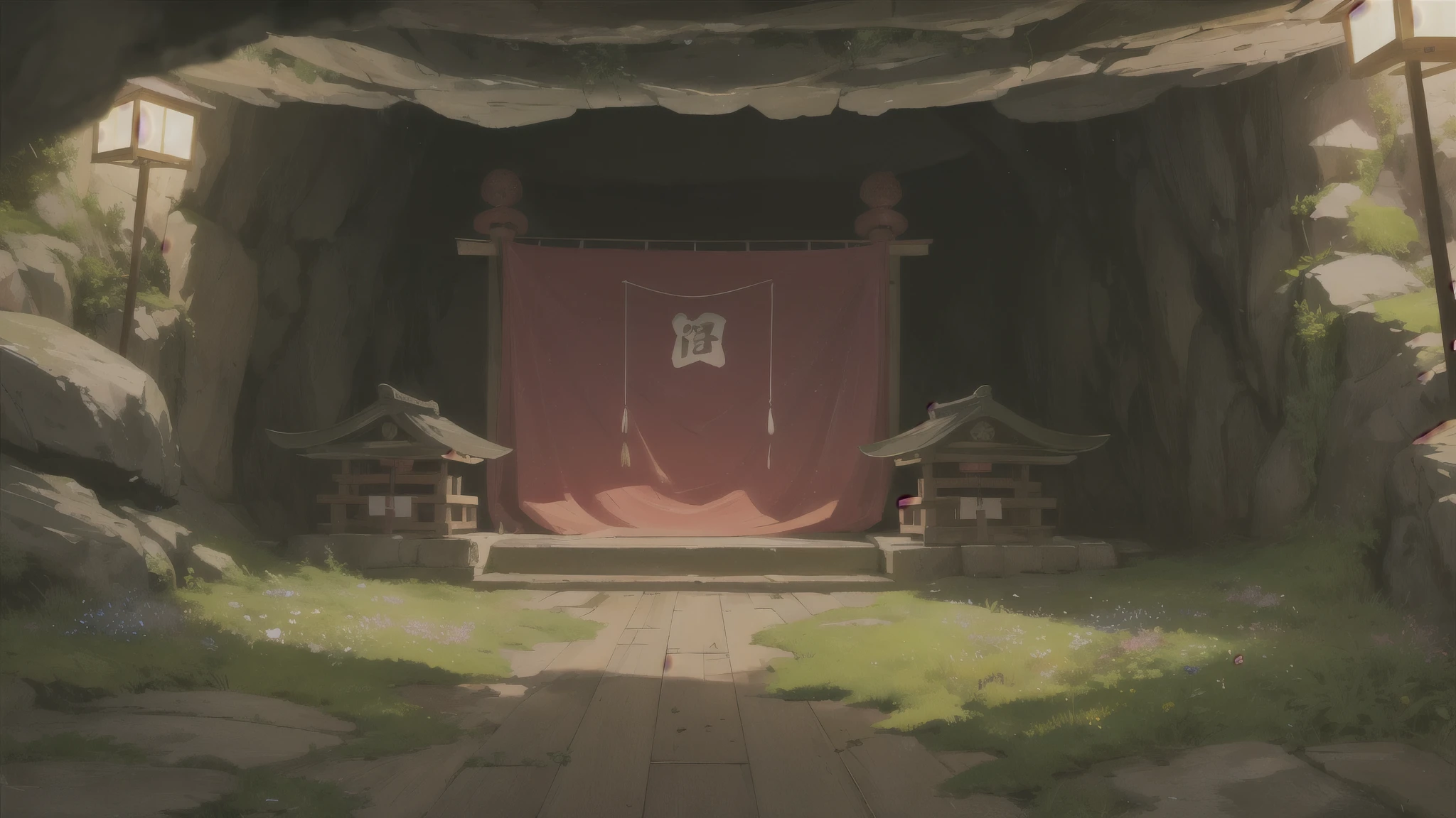 masterpiece, best quality, overgrown weeds, glowing flower Japanese shrine, dim lighting, cave interior background, hanging banners