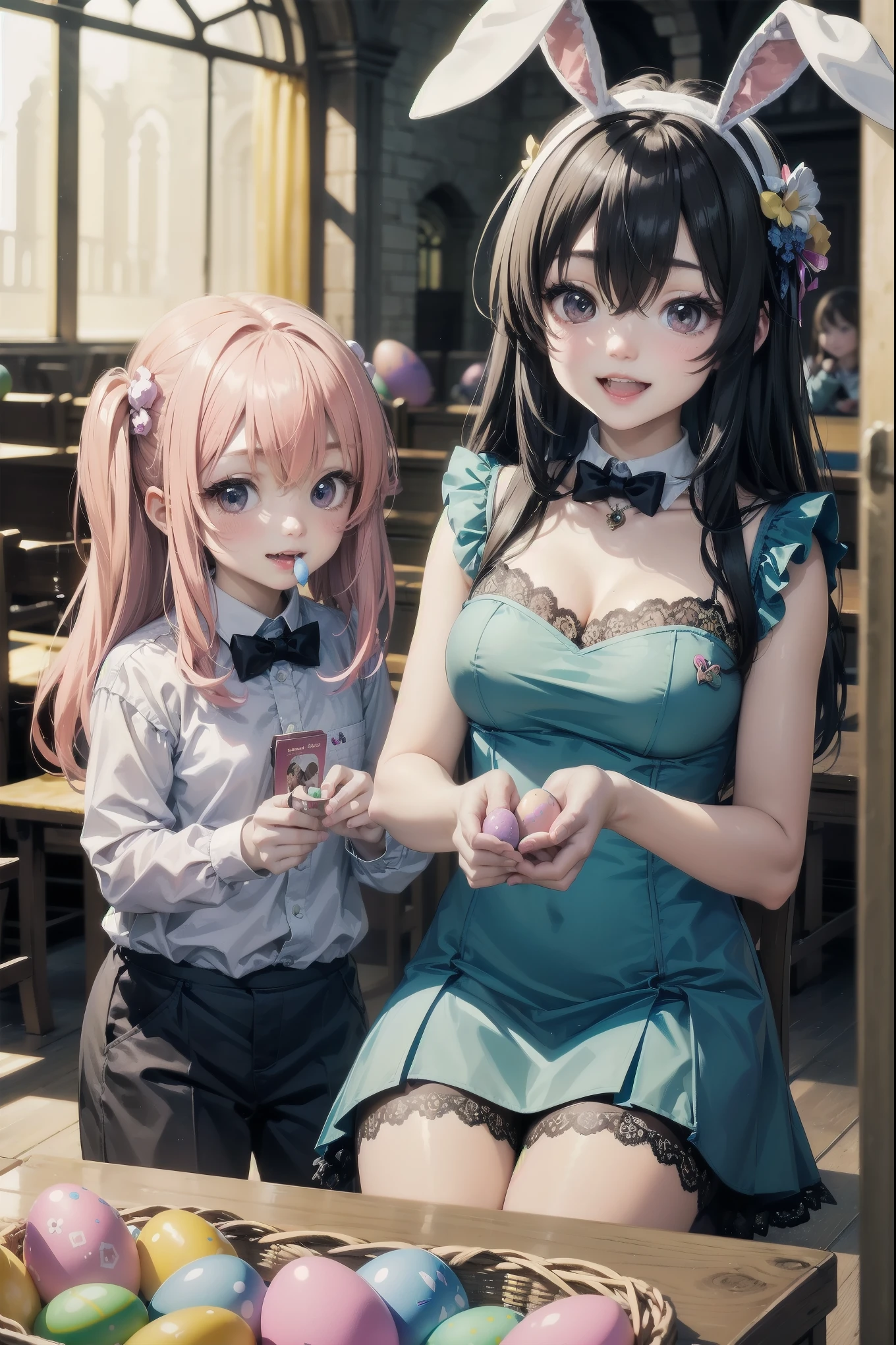 ultra-detailliert, Best Quality, High resolution, ((Two cute little girls with big faces and black hair.))、Pretty eyes、Detailed eye depiction、Eye sparkle、Sareme、Looking at Viewer, pale skin、(((Petite))), (White dress)、(flat chest), (big glasses), (blush:1.2), (big eye:1.5), Shy smile, NSFW, on the park, Focus on the face, Long hair, ((The upper part of the body))、sitting on