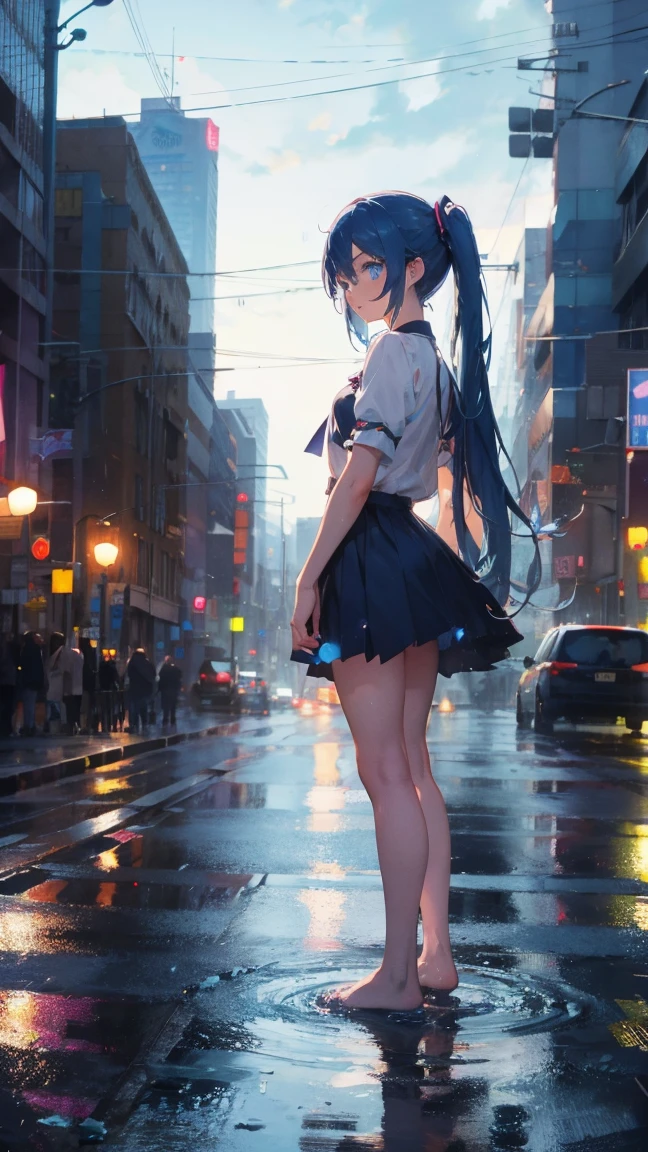 1 anime girl, alone,blue hair,blue eyes,Black petals flutter, A mysteriously shining butterfly.city,Hatsune Miku,鮮やかblue hair,bright blue jewel eyes,twin tails,thin legs,Gloomy cloudy sky,sad expression,very clear,highest quality,rainy city,standing on the street corner,Are crying,tears,close up of face,Sit in the water,barefoot