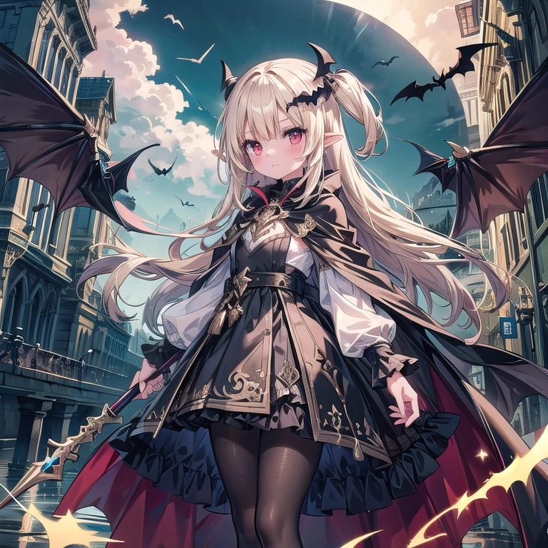 1girl, solo, blonde-hair, red-eyes, pointy-ears, looking-at-viewer, long-hair, pantyhose, vampire, holding, dress, two-side-up, black-pantyhose, hair-ornament, holding-weapon, weapon, black-dress, cape, bat-hair-ornament, standing, polearm, long-sleeves, blush, thick thighs, frills, holding-polearm, black-cape, closed-mouth, short-dress, floating-hair,