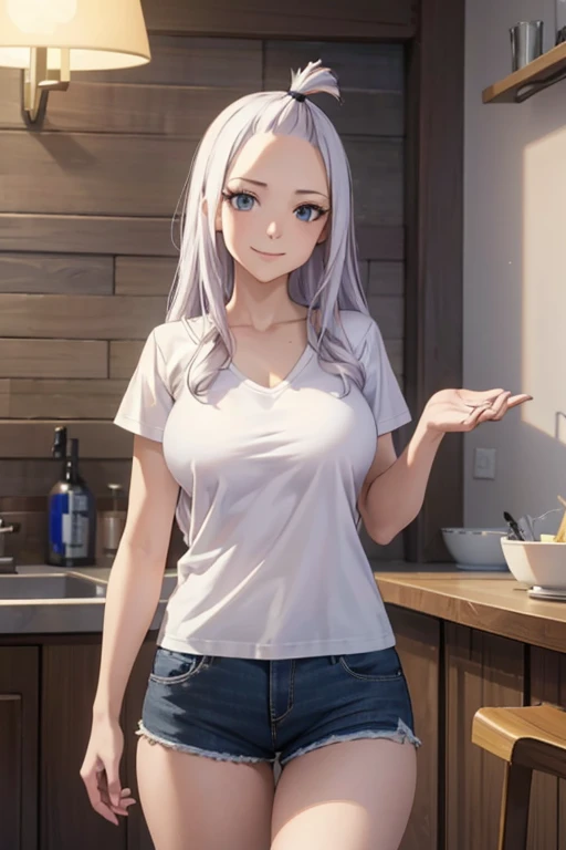 (best quality,4k,8k,highres,masterpiece:1.2),ultra-detailed,realistic,photorealistic:1.37, Mirajane Strauss with a beautiful smile wearing a white t-shirt and shorts